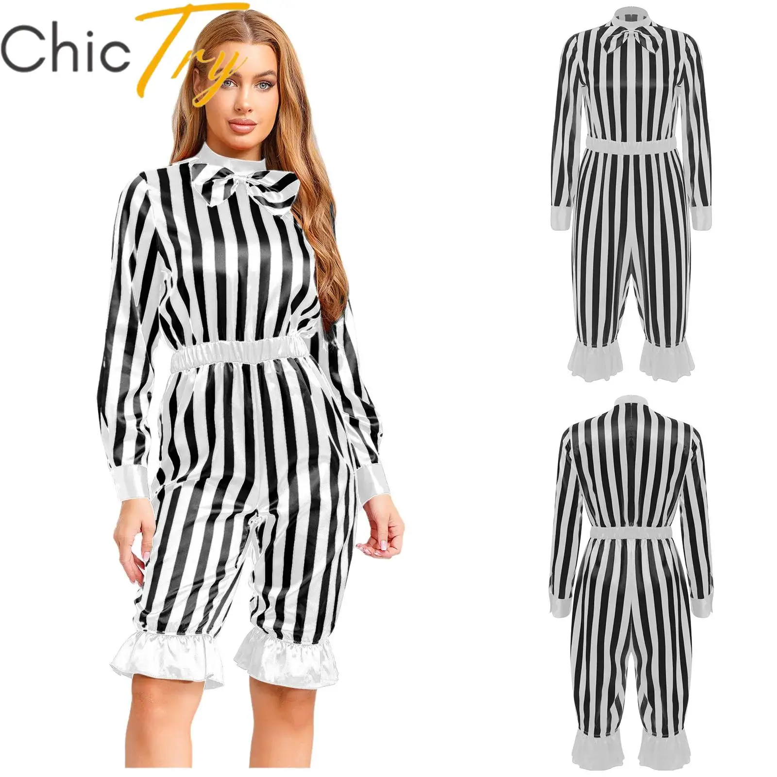 

Womens Wicked Clown Circus Costume Striped Rompers Long Sleeve Bloomers Pants Jumpsuit for Halloween Carnival Cosplay Dress Up