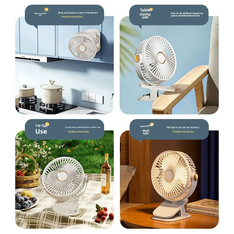 Fan portable mini desktop/clip on/hanging, TYPE-C charging 800mAh battery life fan, 5-speed wind/2-level LED light adjustment image 4