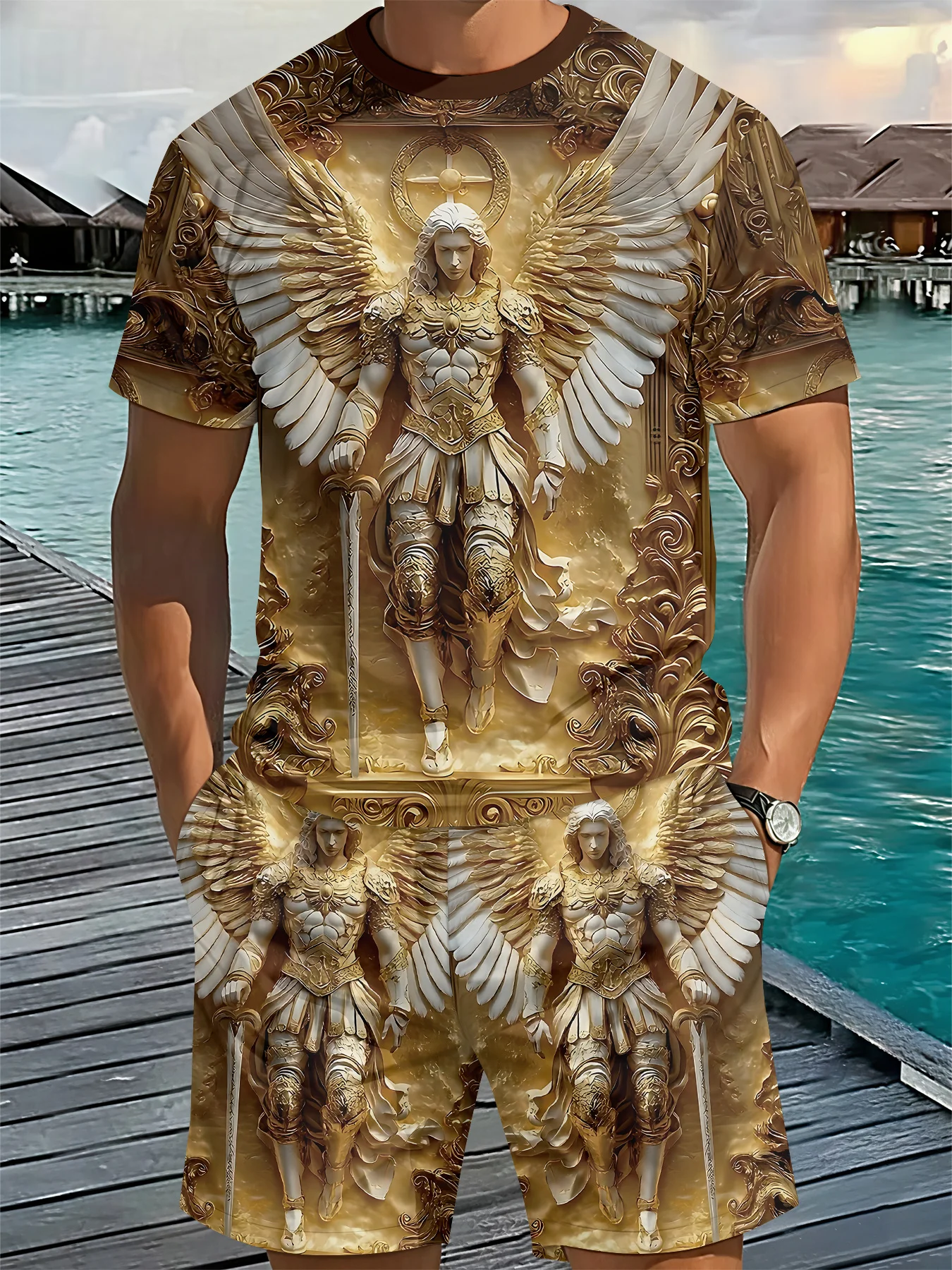 New Men's Fashionable Short-Sleeve Set 3D Angel Warrior Print T-Shirt Set Round-Neck Loose-Fit Breathable Two-Piece Set