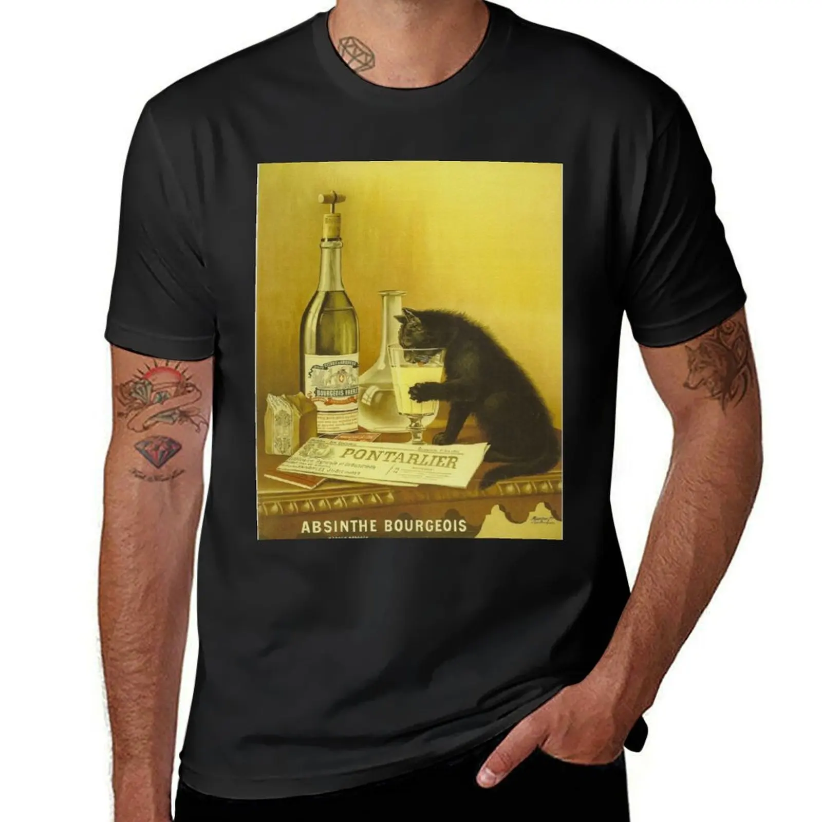 Vintage Retro French Poster Absinthe Bourgeois Black Cat T-Shirt cute clothes tops for a boy mens graphic t-shirts anime