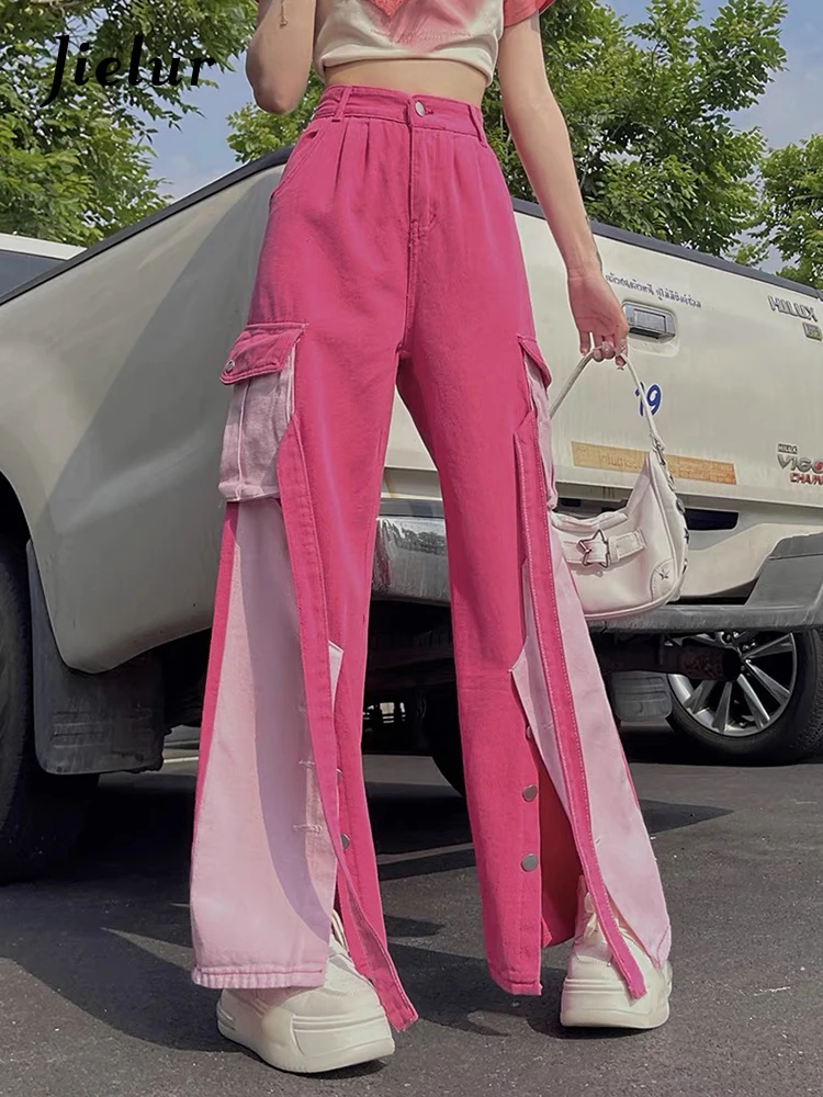 Jielur Pink Autumn Spell Color Straight Jeans New High Waist Sexy Y2k Casual Fashion Streetwear Chic Loose Female Cargo Pants