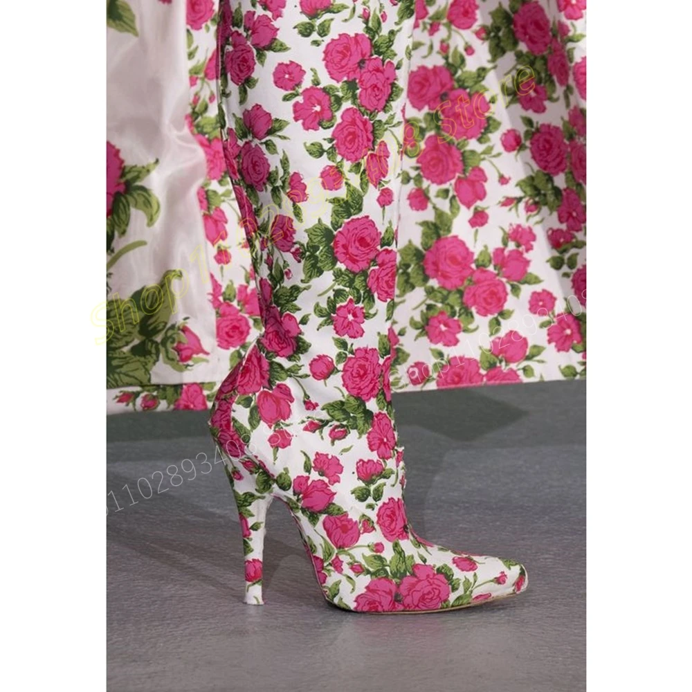 

Pink Flower Print Concise Knee High Boots Pointy Stiletto High Heel Patent Leather Runway Fashion Women Shoes 2024 Para Mujere