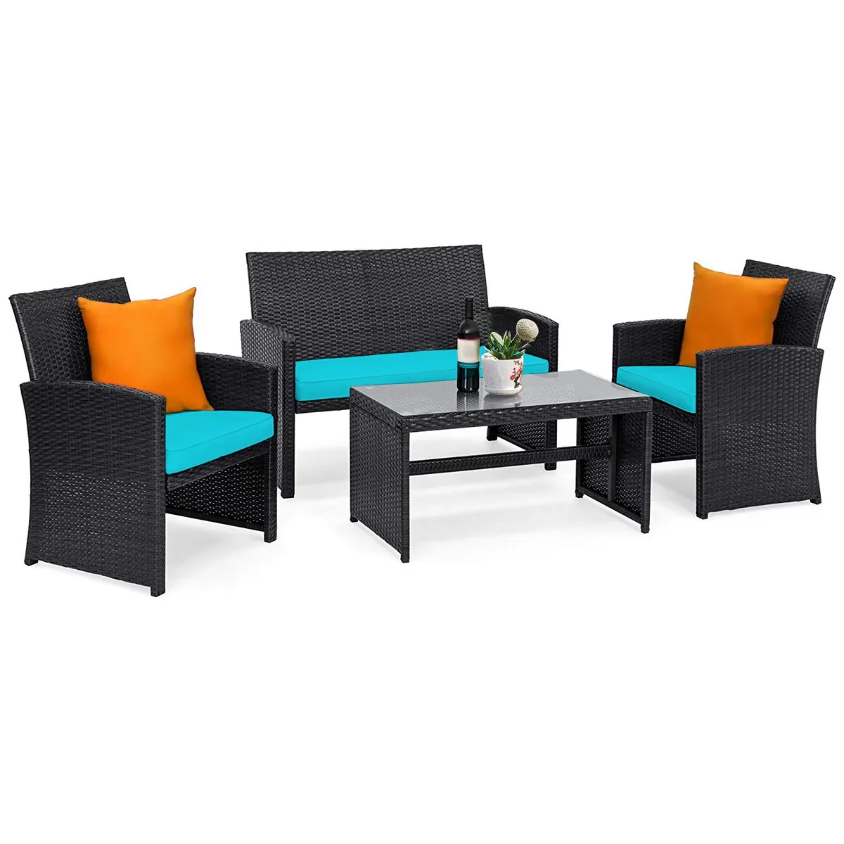 

4PCS Patio Rattan Furniture Conversation Set Cushion Sofa Table Garden Turquoise