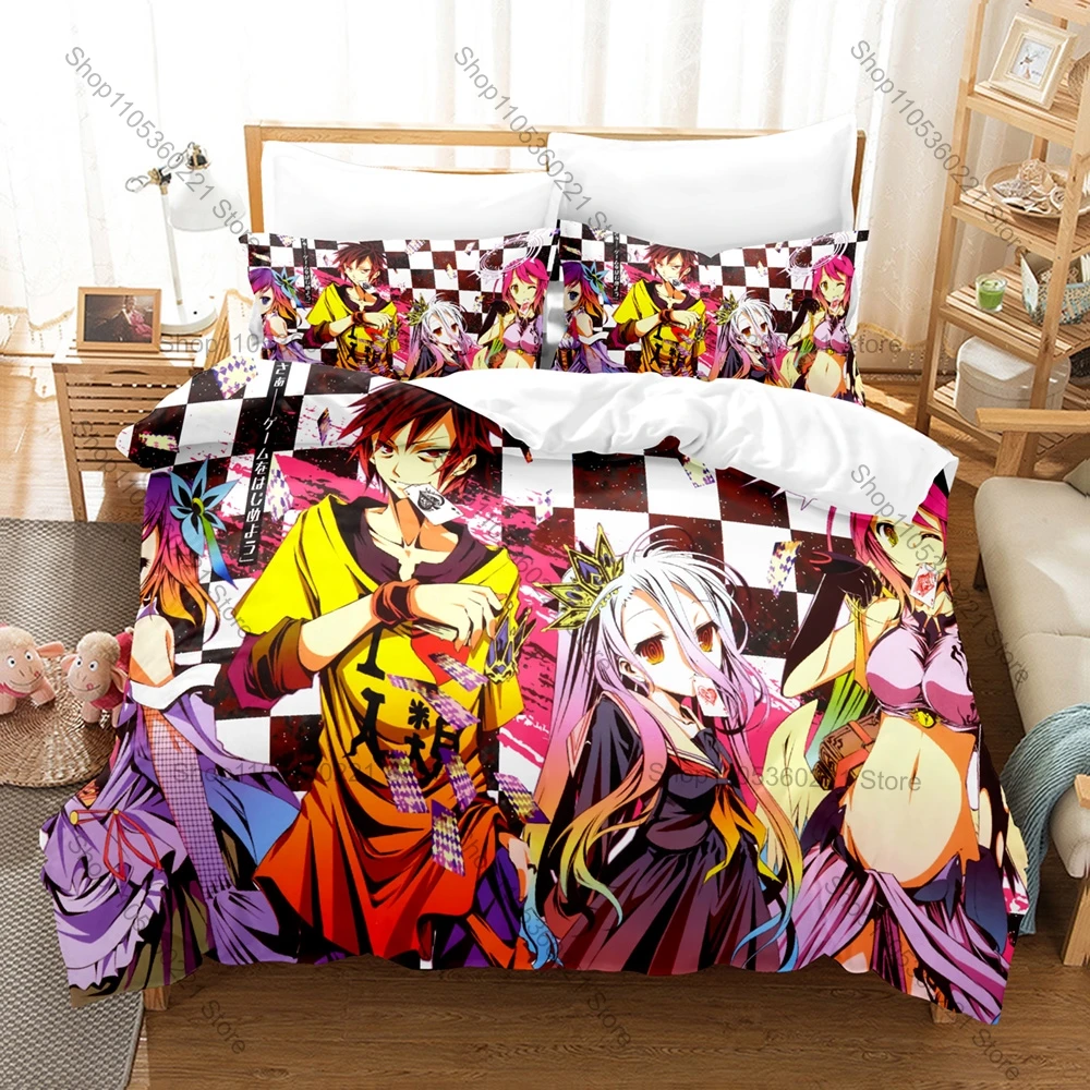 

No Game No Life Duvet Cover + 2 Pillowcases, Classic Fantasy Anime Print Bedding Set Soft Fabric Decor Gift for Anime & Game