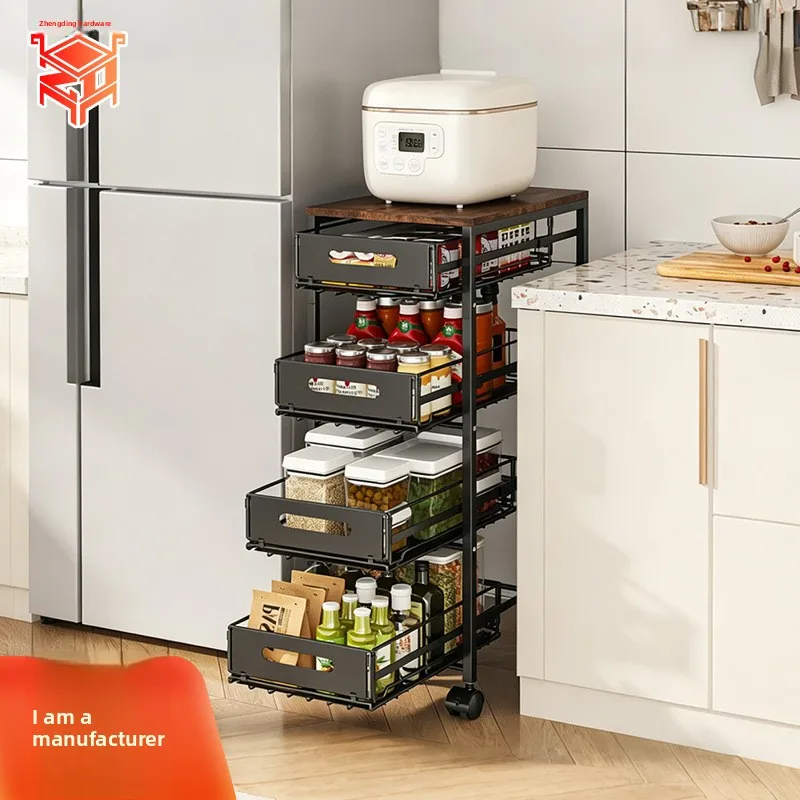 Slim Rolling Utility Cart Four Or Five Tier Black Narrow Gap Organizer Silent Casters Carbon Steel Wood Plastic Storage Shelf