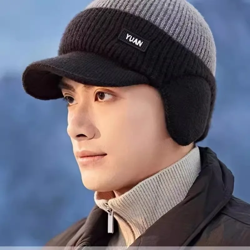 

Утепленная вязаная мужская зимняя шапка с защитой ушей, ветрозащитная, в стиле Лэй Фэн, хлопковая, теплая, на флисовой подкладке, шерстяная вязаная шапка