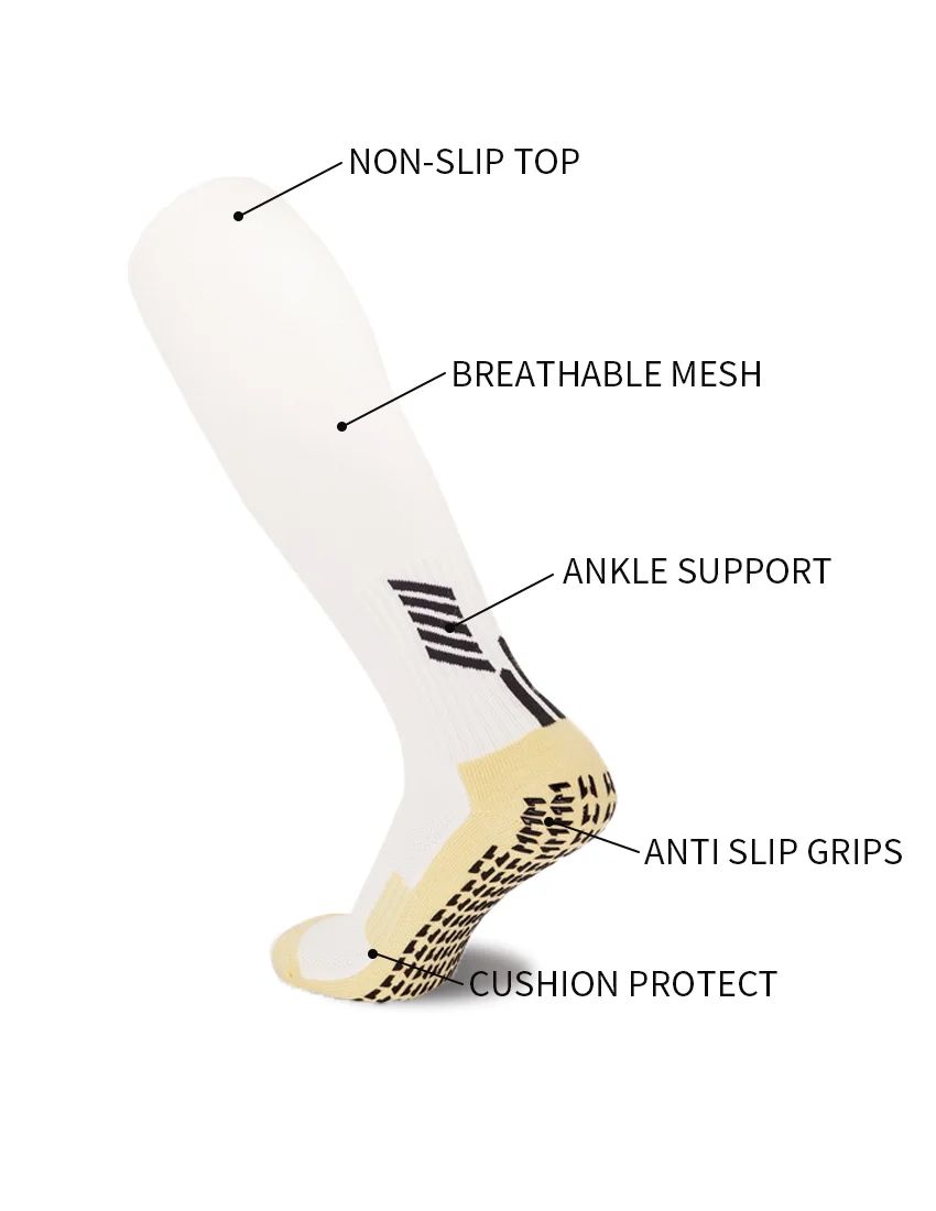 Meias antiderrapante dos homens, futebol, futebol, antiderrapante, sobre o bezerro, beisebol, rugby, almofada grossa, meias atléticas, branco, preto, azul
