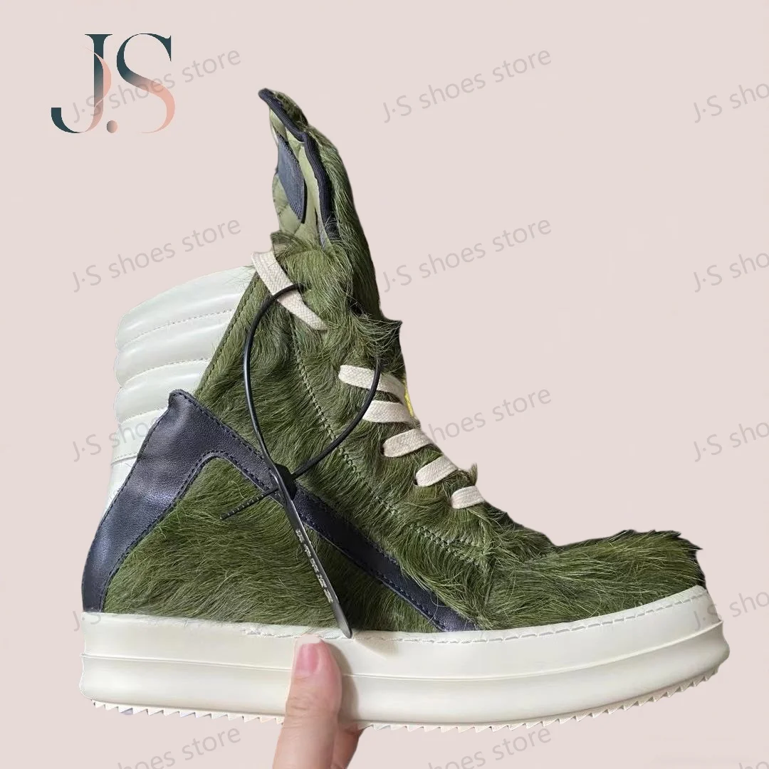 

Ro Classic Design Men Shoe Horse Hair Women Boots High Top Sneaker Army Green Horsehair Shoes Leather Sneakers Zipper Ankle Boot