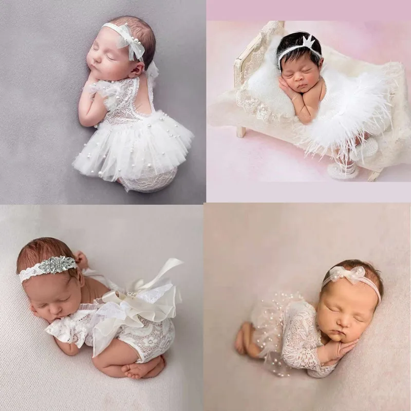 

0-1 Month Baby Girl Lace Pearl Princess Dress Newborn Photography Props Outfit Photo Shoot Costume