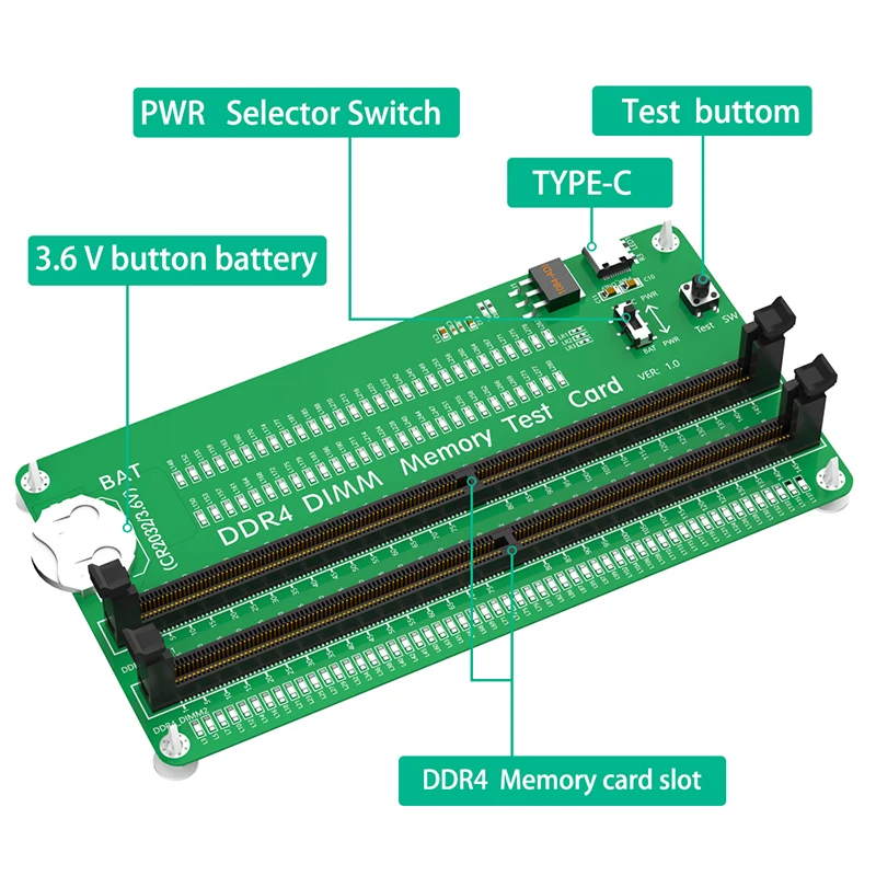 Desktop Computer Motherboard Memory Slot 2x DDR4 Diagnostic Repair Analyzer Test DDR4 DIMM Memory Test Card With LED Tester Card