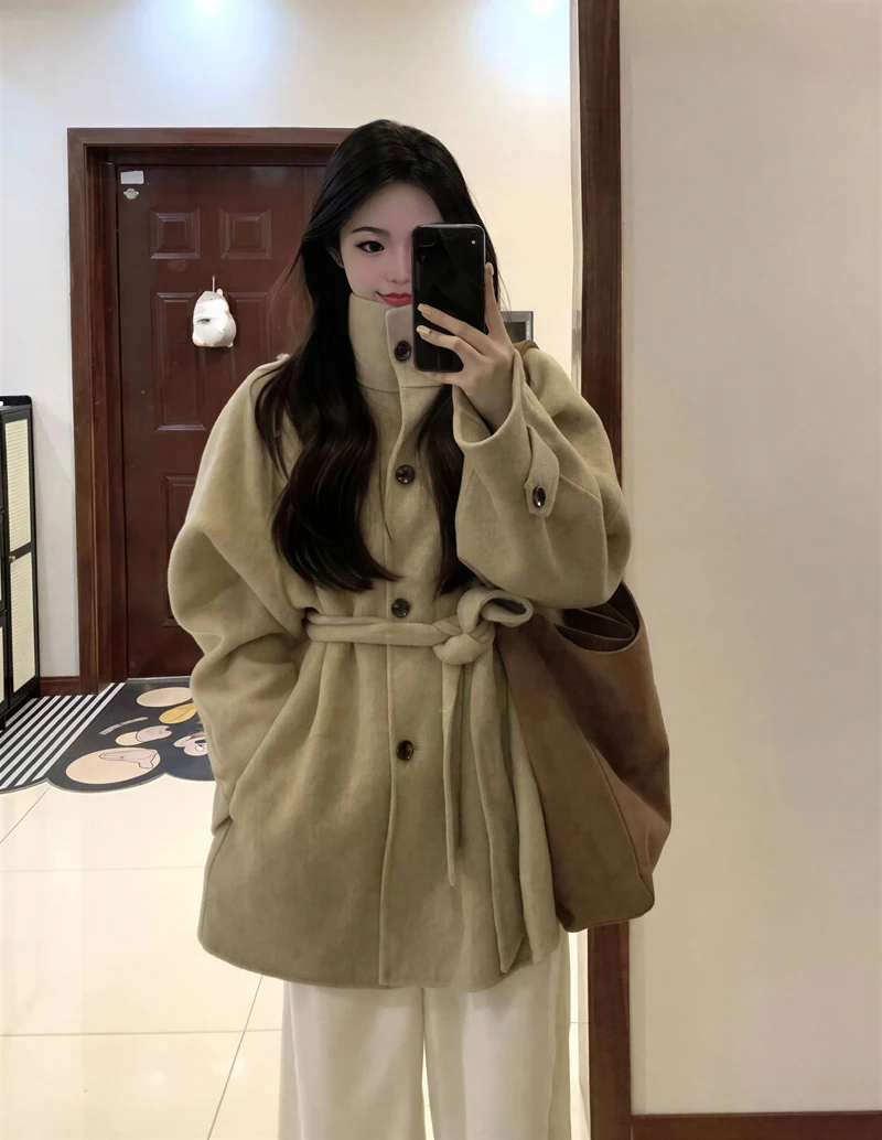 

Шерстяные пальто, женское шерстяное пальто, натуральное длинное осеннее смешанное парчовое пальто с рукавами-воздушными шарами, туника для учебы, школы, элегантный шикарный стиль, уютный