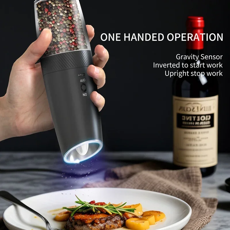 2Pcs Electric Automatic Mills Gravity Sensing Salt and Pepper Grinder Adjustable Coarseness Pepper Spice Grinder with Led Light
