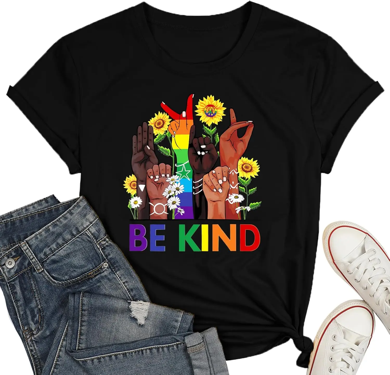 Pride  Women Be Kind Sign Language Tshirt Rainbow Clothes for  O-neck Funny Tshits Modal Breathable All-match Unique Print