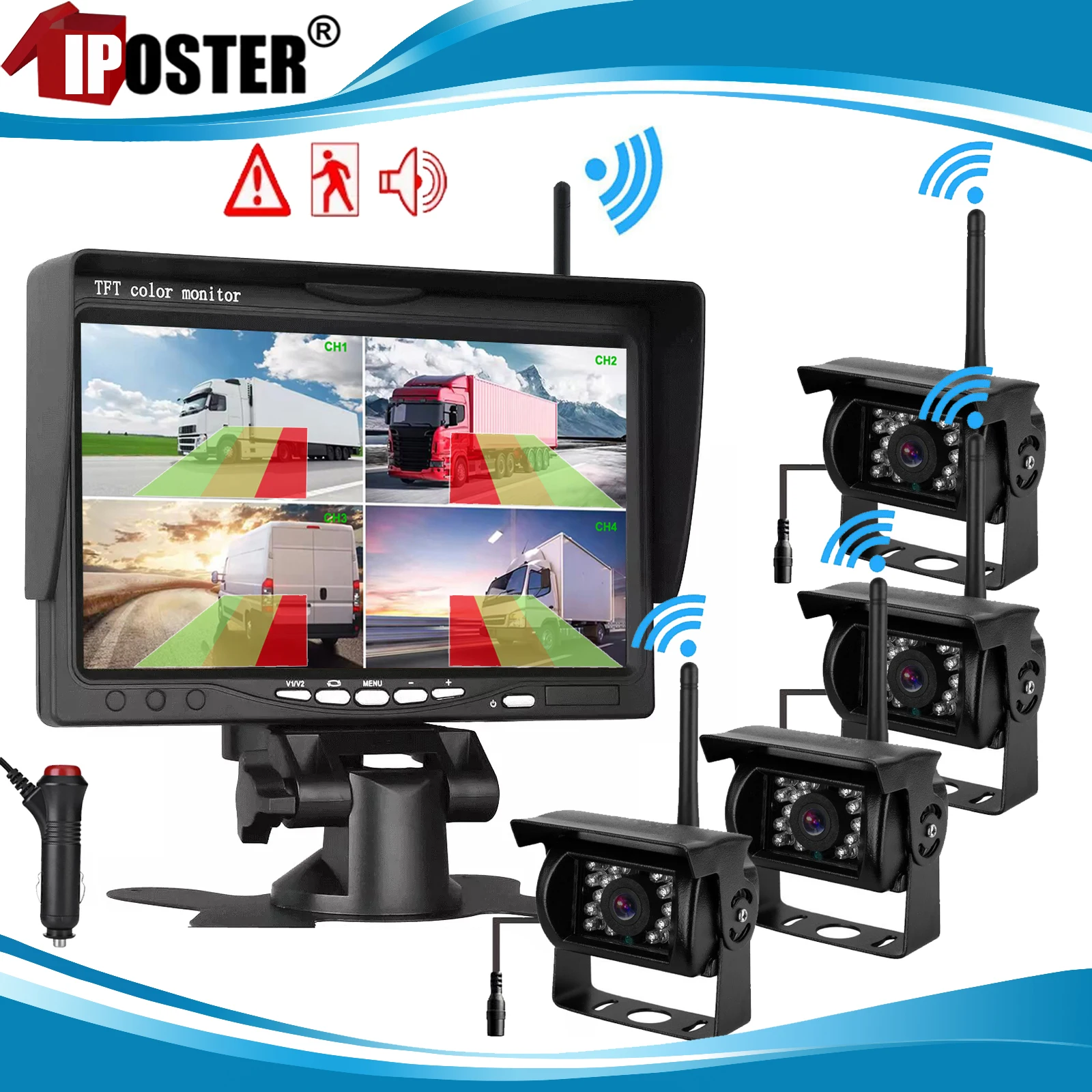 

iPoster Wireless Backup Camera BSD 7 Inch Quad Monitor Split Screen AHD 1080P For Truck Camper Trailer Excavator PickupTrailer