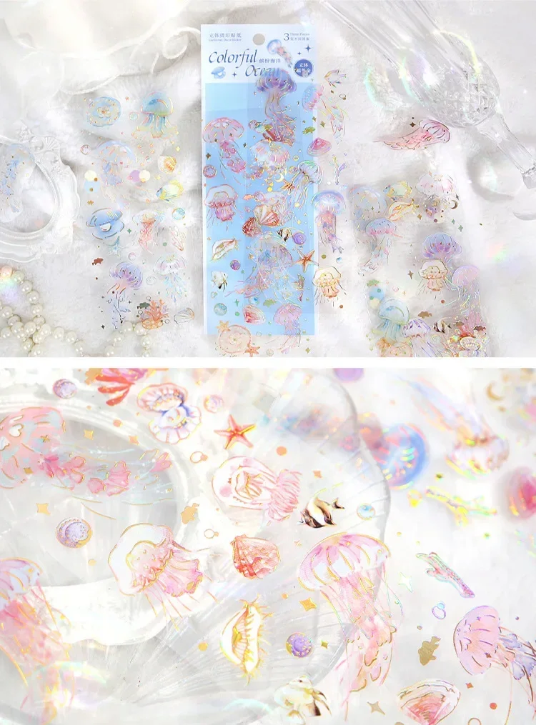 3pcs Kawaii Sticker Pack Feather Dragonfly Bird Jellyfish Decorative Scrapbooking Material Labels for Diary Phone Journal Planne