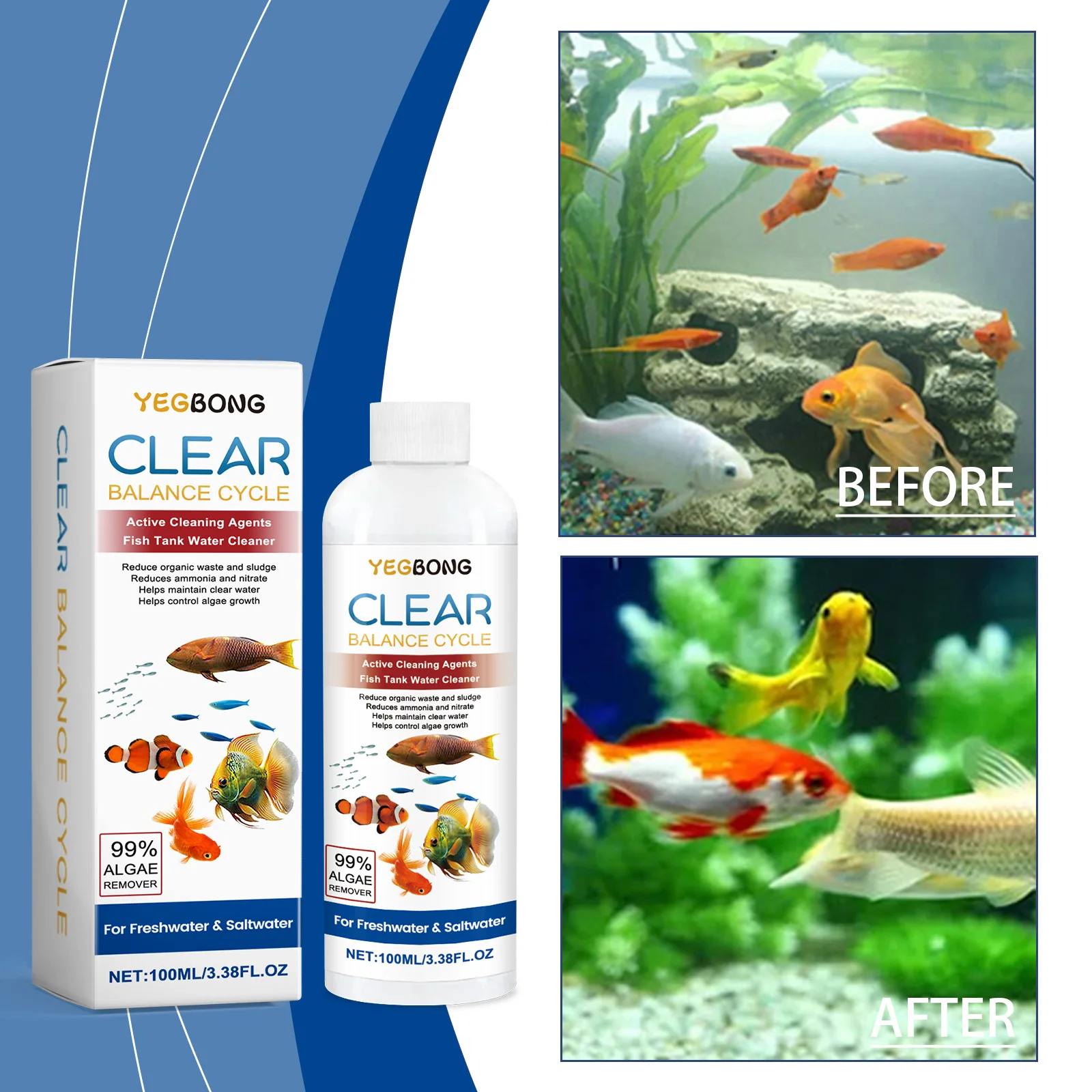 Aquarium Clarifier; Clean Aquarium Stains and Sludge, Clear Water Control Algal Growth