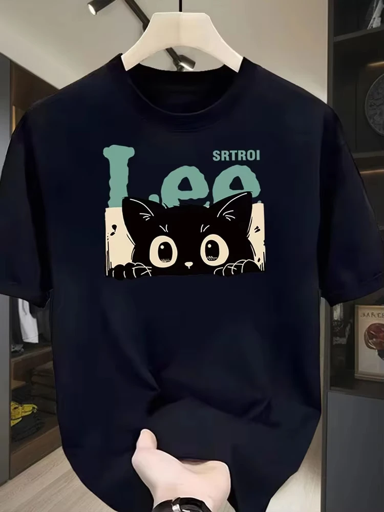 

2025 Spring and Summer New Cat Print Daily Commuting Sports Men and Women The Same T-shirt, Round Neck Cotton Short Sleeves