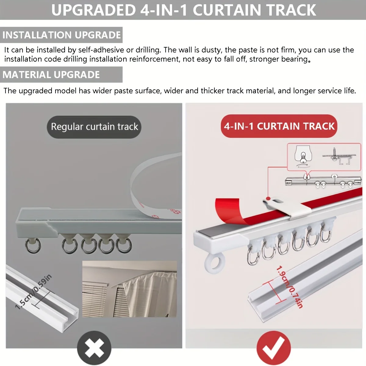 4-In-1 Adhesive And Drill-Free Curtain Track System Ceiling/Wall Mount Adjustable Length Easy Installation for Bathrooms Windows