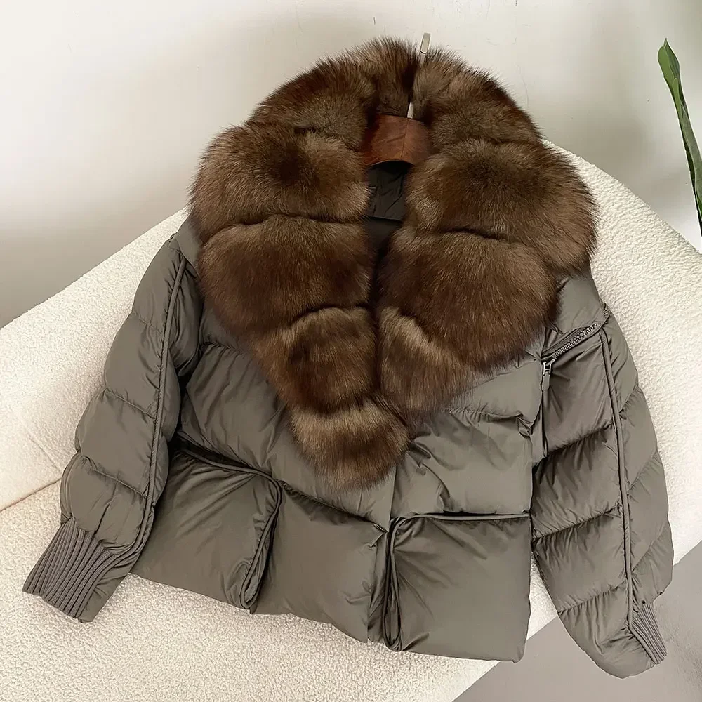 Real Raccoon Fox Fur Collar Coat Women Thick Warm Streetwear Casual Outerwear 2024 Winter Natural White Duck Down Jacket