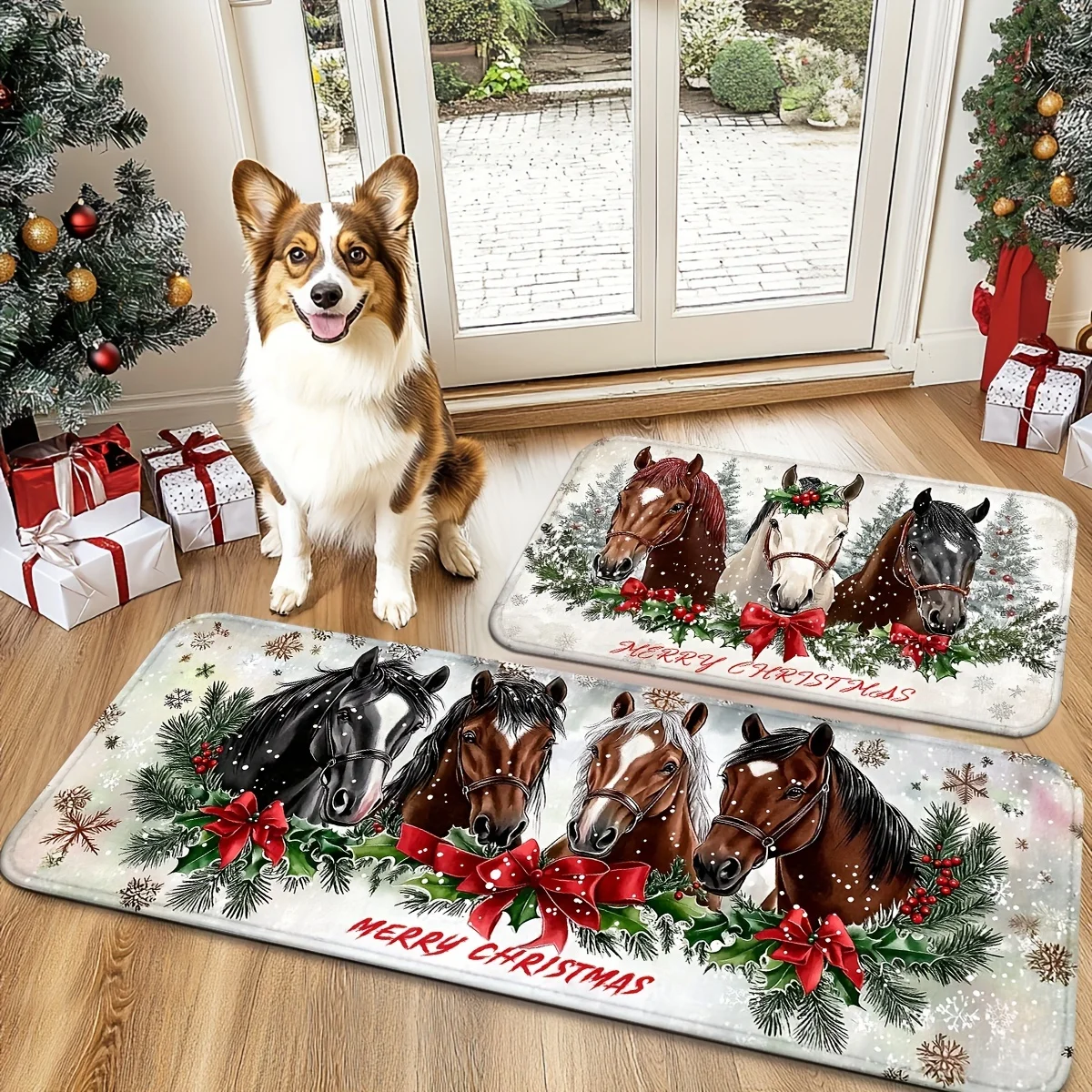 Christmas Horse Holly Print floor mat kitchen living room hallway Ultra-Long Aisle Mat entryway laundry room merry christmas