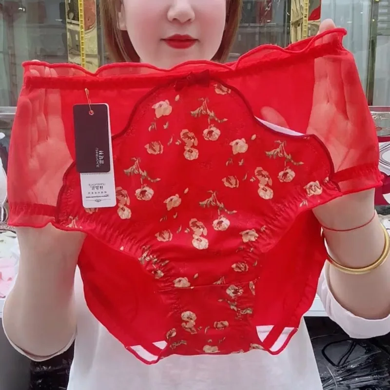 

High-end Satin Flower-bud Pants Large-sized Ancient-style Lace Breathable Sexy Skin-friendly Comfort Elastic Women's Triangle