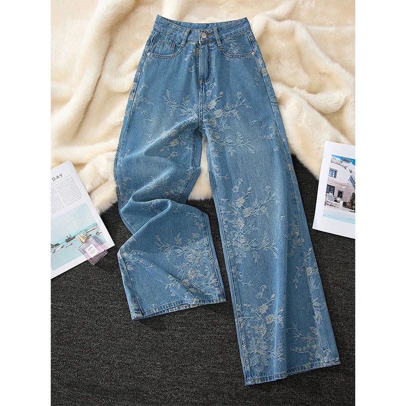 

Женские джинсы с цветочным принтом, прямые, летние, 2026, тонкие, с высокой талией, стройнящие, из струящейся ткани, модные широкие брюки