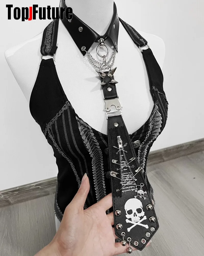 Women Men Y2K Girl Design Gothic Harajuku Punk Steampunk Pre-Tied Ties Skeleton Necktie Accessories Halloween Cosplay Tie Choker