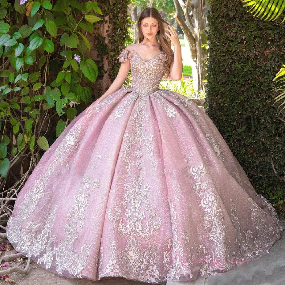 puffy pink quinceanera dresses Pink Off-Shoulder Ball Gown Dress