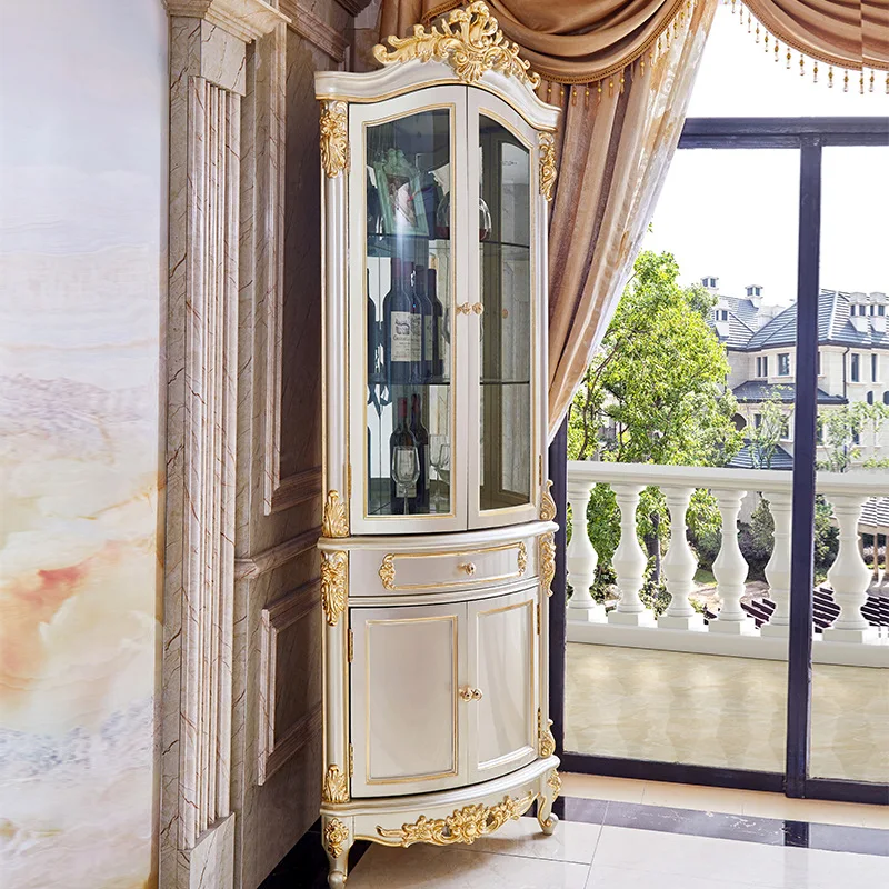 European display cabinet, full solid wood carving flower high-end villa triangular cabinet, glass wall rack
