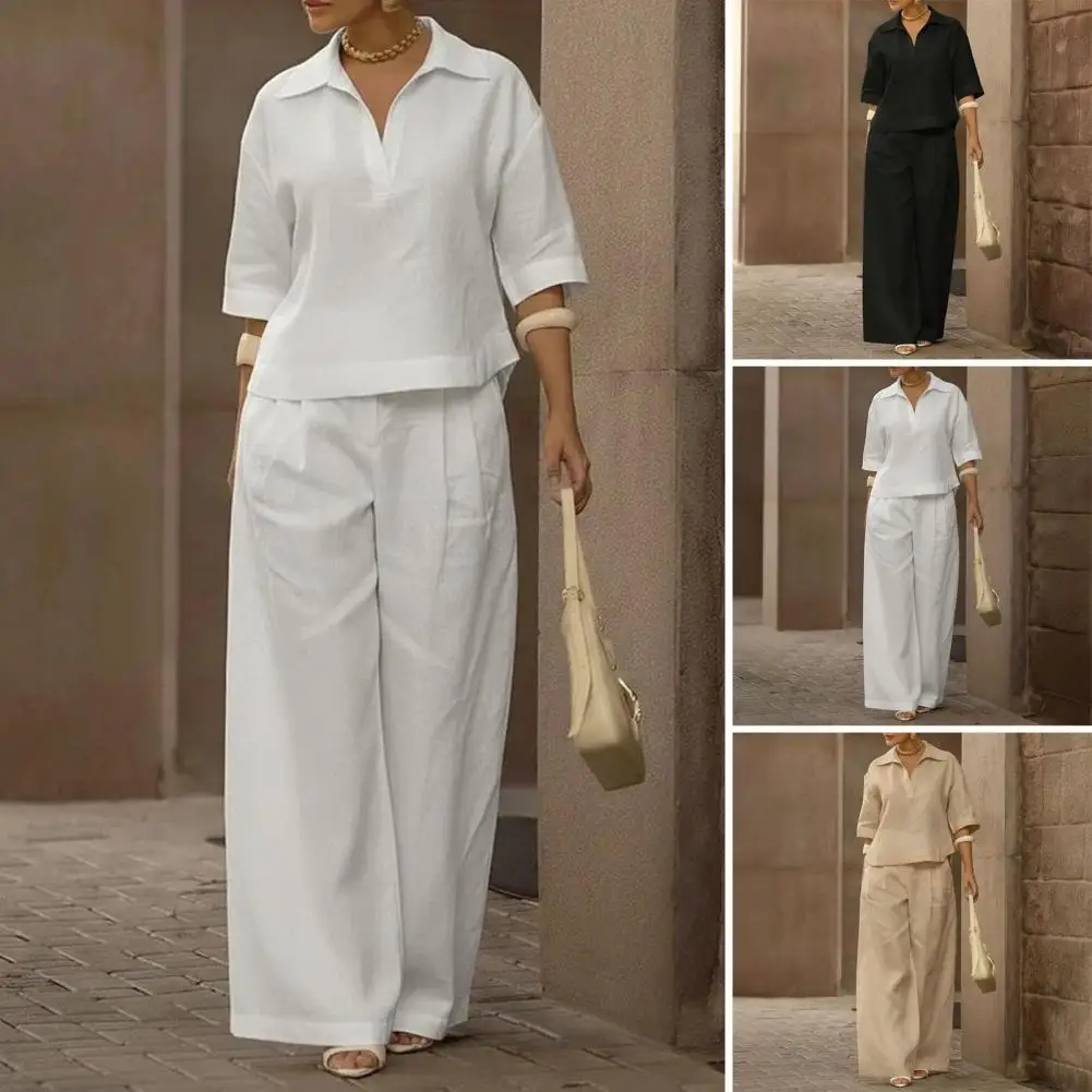 

Fashionable Women's Trousers Suit Spring Summer Casual Solid Color Lapel Long Sleeve Top Wide-leg Trousers Two-piece Set
