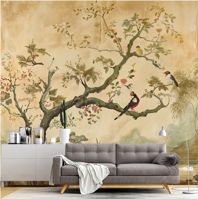 

Обои на заказ, современные обои, нарисованные вручную ретро, элитный цветок, птица, дерево, фон, украшение дома, гостиная, 3d обои