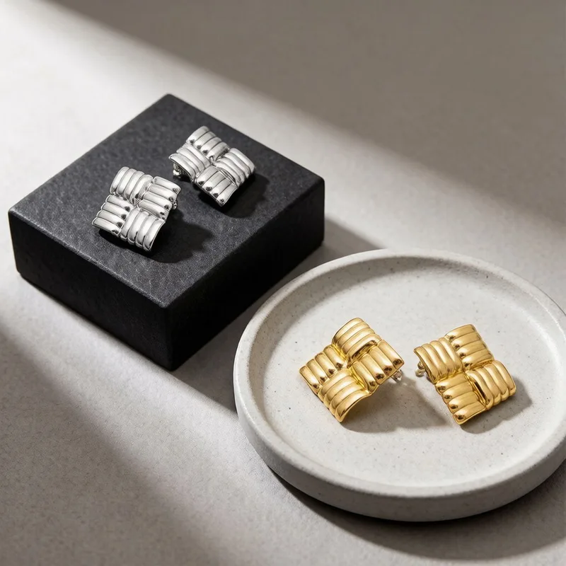 Stainless Steel Textured Stud Earrings Wrinkled Geometric Block Minimalist Statement Ear Jewelry For Women Daily Wear