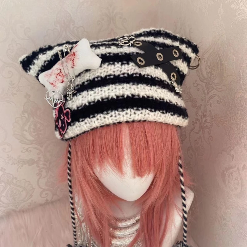 Girls Knit Beanie Hat Easter Photo Prop Cute Striped Hat Costume Y2K Cool Knitted Hat Easter Striped Decorations