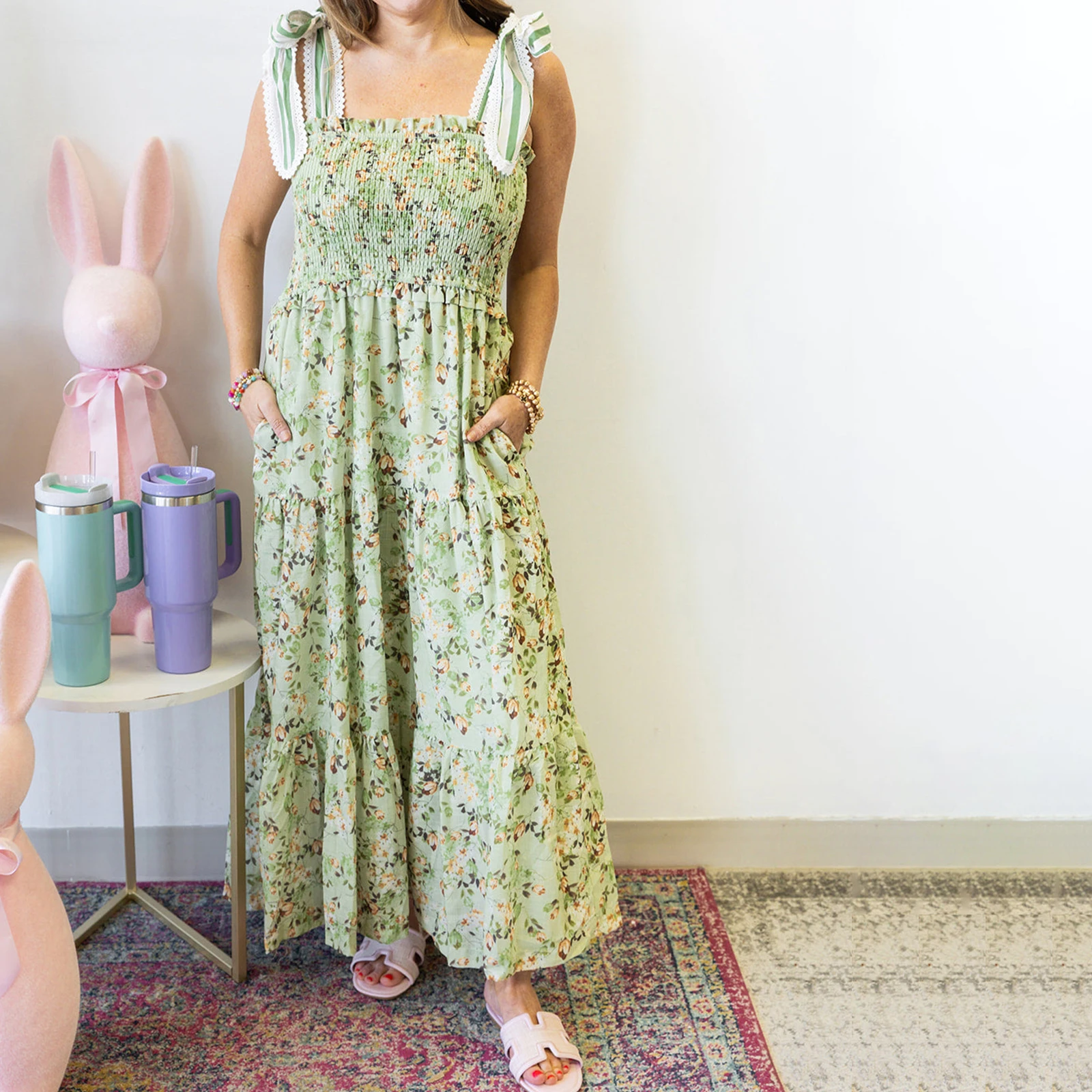 Combhasaki Abito lungo da donna estivo senza maniche, casual, con spalline larghe, stampa floreale, smock, senza schienale, con volant, a-line, abito lungo da festa