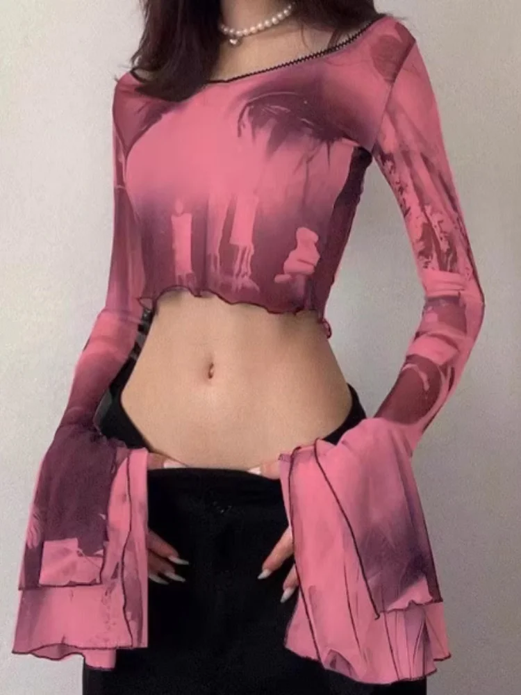 2026 Spring Summer Long Sleeve T-shirt Women's Tie Dye Crop Top Ruffled Flare Sleeve Slim Fit Stylish Navel Exposed T-shirt