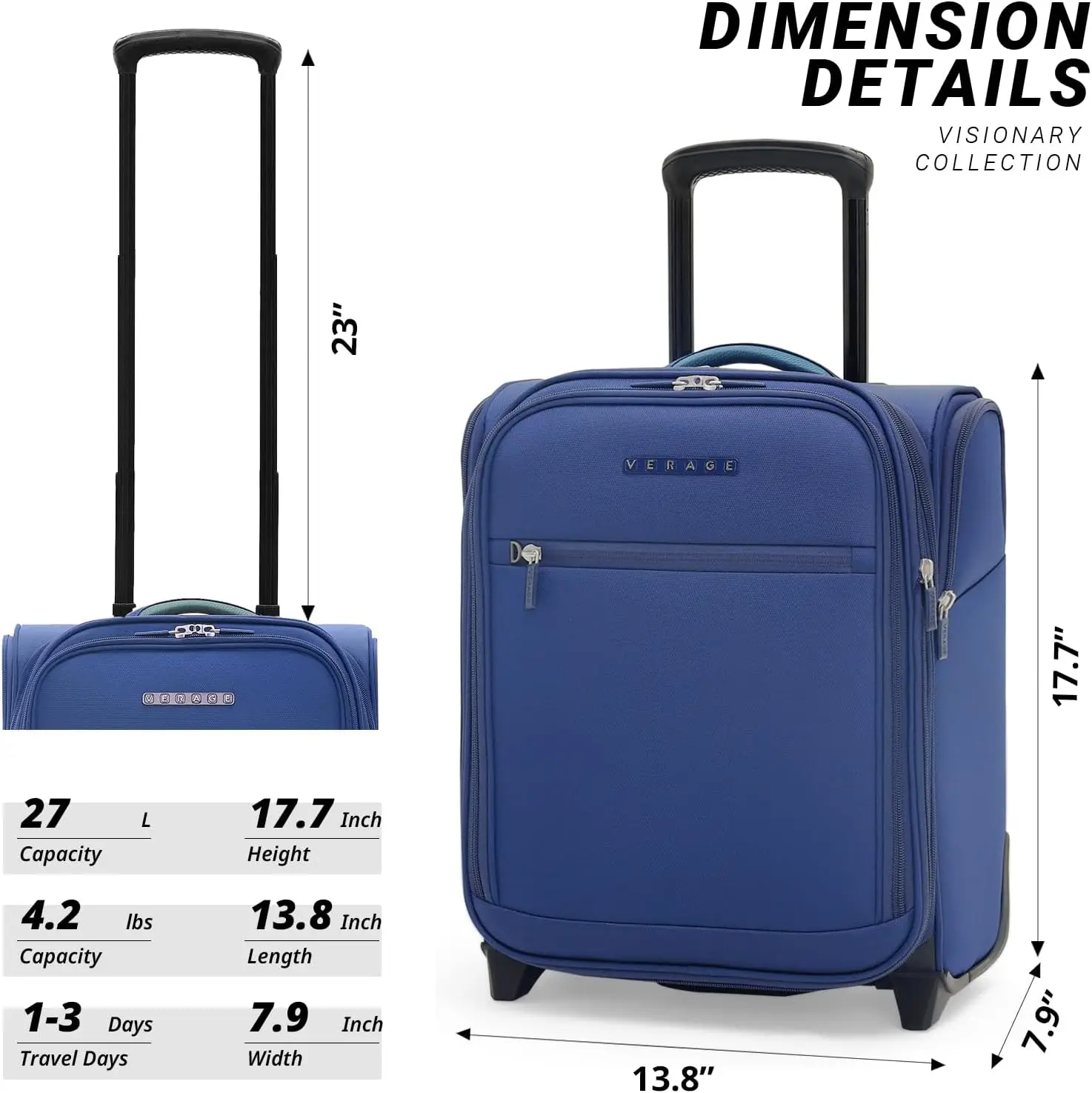 Verage-Petite Valise Spinner à Roulettes, 16 Pouces, Sous Siège, Bagage à Main avec Roues, Softside, Marine, Sac de Voyage pour Ordinateur Portable