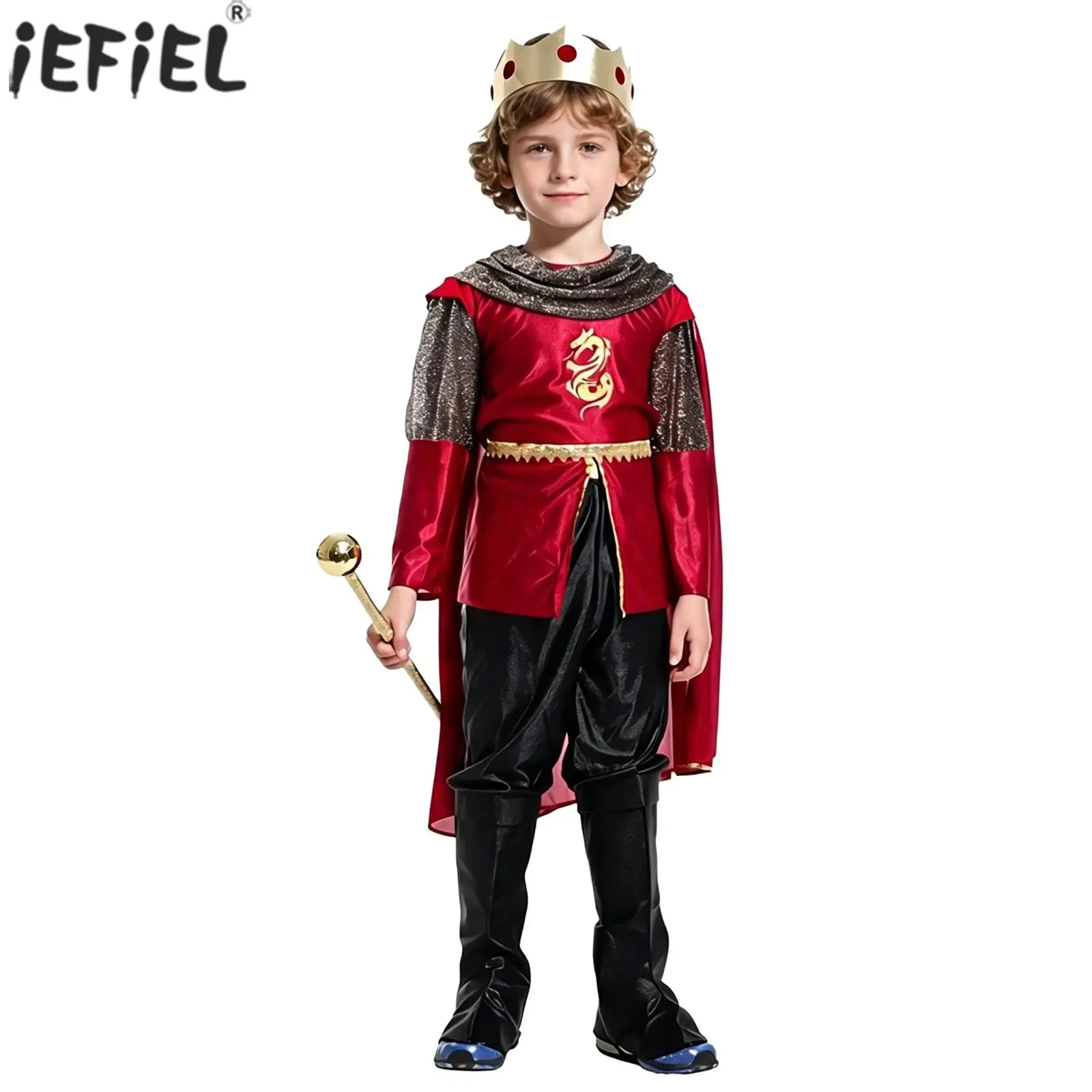 Kids Boys Medieval Royal King Prince Costume Halloween Renaissance Knight Cosplay Set Long Sleeve Tops with Cloak Pants Boots