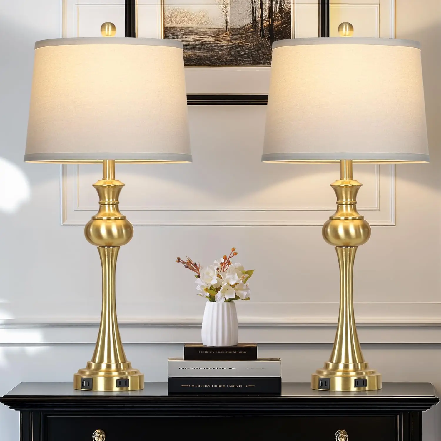 โคมไฟสัมผัสสีทอง 28.75 นิ้ว ชุด 2 ชิ้น, โคมไฟตั้งโต๊ะข้างเตียงทองเหลืองโบราณ พร้อมพอร์ต USB-C และปรับความสว่างได้ สำหรับห้องนั่งเล่น ห้องนอน