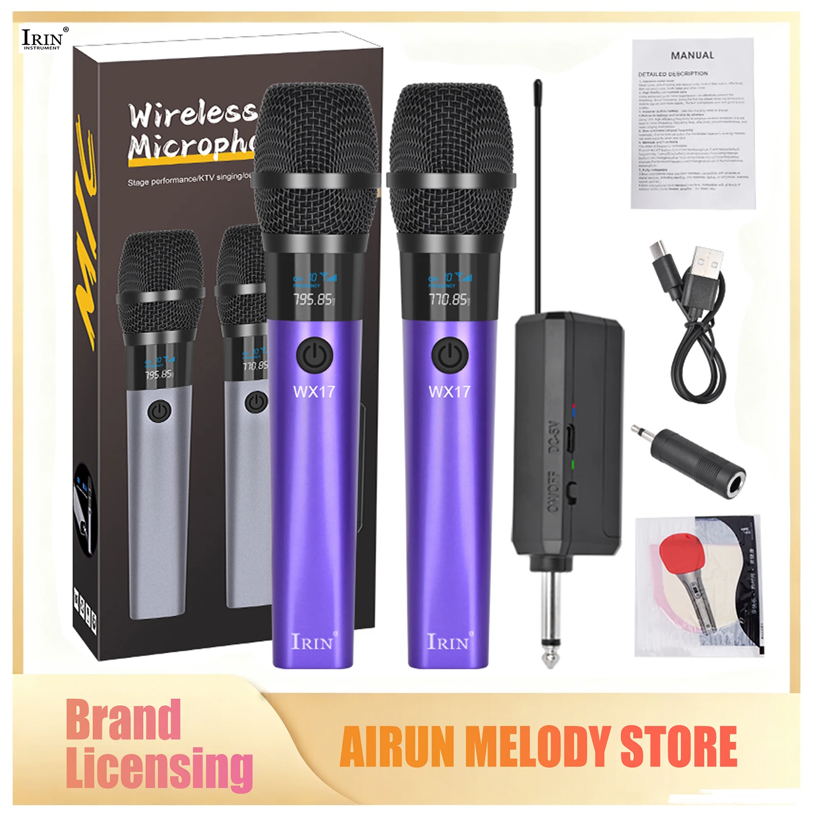 IRIN WX17 Karaoke Wireless Microphone Dynamic Mic Set Rechargeable Receiver Handheld Mic for Studio Recording Live Streaming