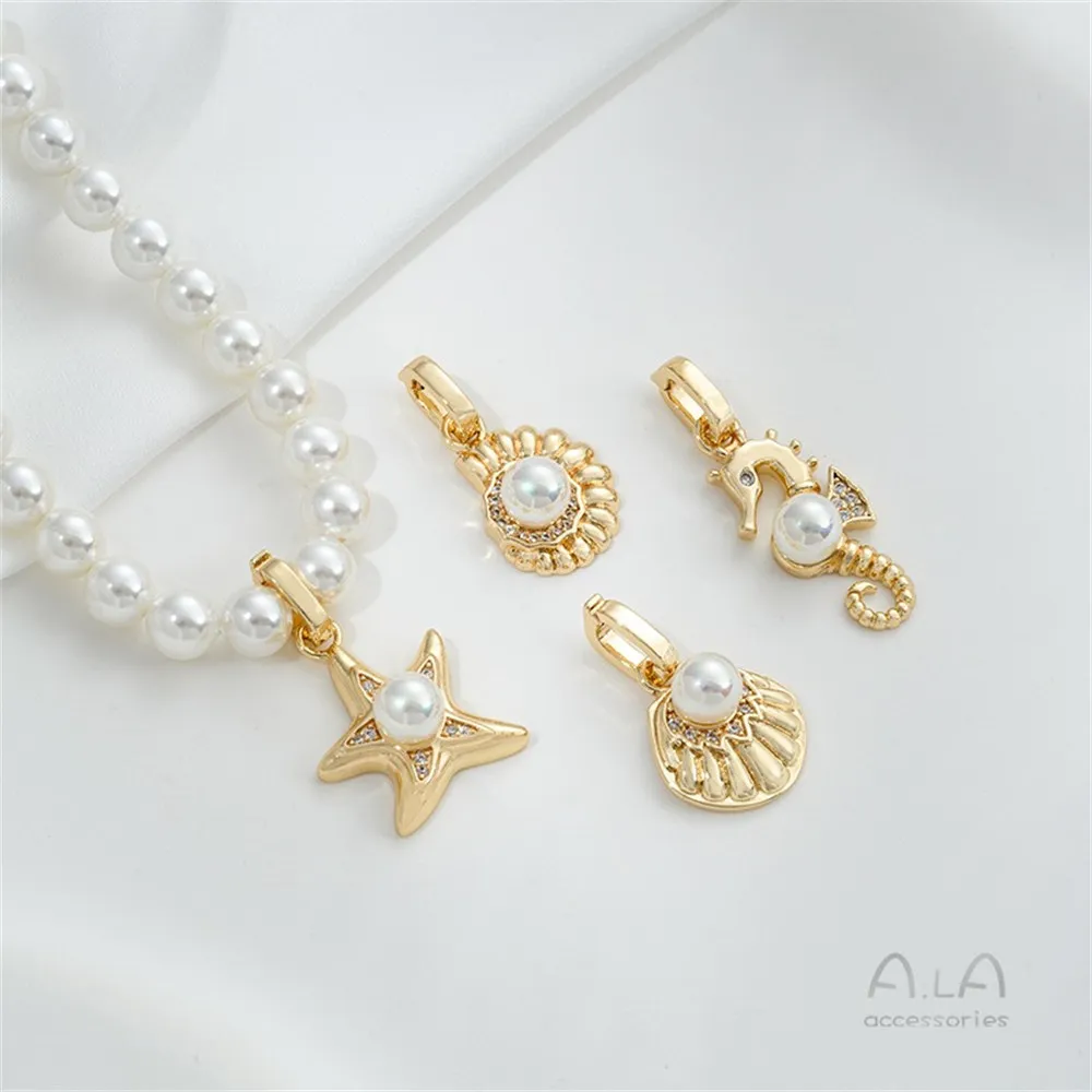 

14K Bag Gold Marine Life Series Conch Shell Universal Buckle Bead Pendant Diy Sticky Pearl Necklace Accessories