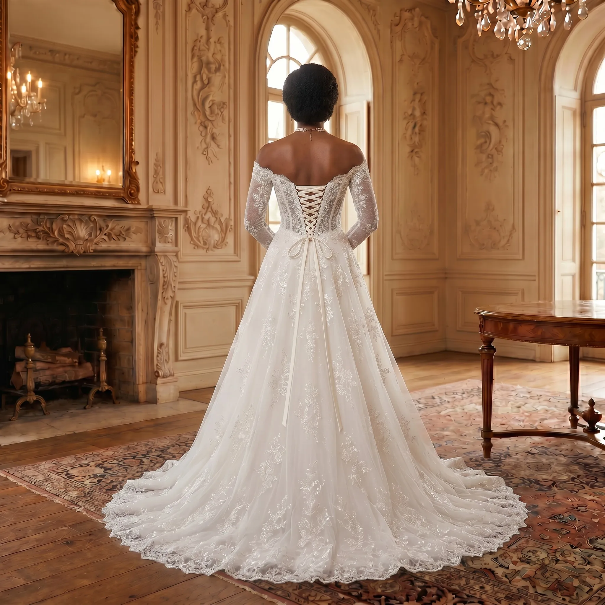 Off-the-Shoulder Long Sleeve A-Line Wedding Dress Sheer Corset Bodice Lace Appliques Tulle Chapel Train Bridal Gown