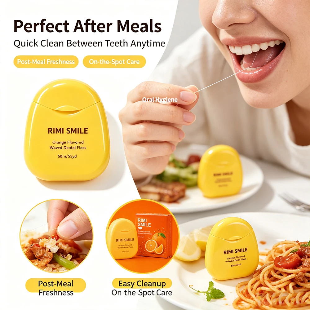 2/4/8PCS Portable Orange‑Flavored Dental Floss 50M, RIMI SMILE Compact Pocket Floss Case, Deep Clean Interdental Spaces