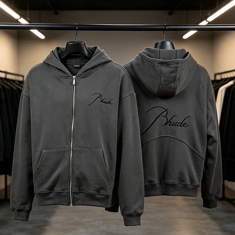 2026 New RHUDE Men's Zip Hooded Sweatshirt Chest Tone‑on‑Tone Script Embroidery Logo Streetwear