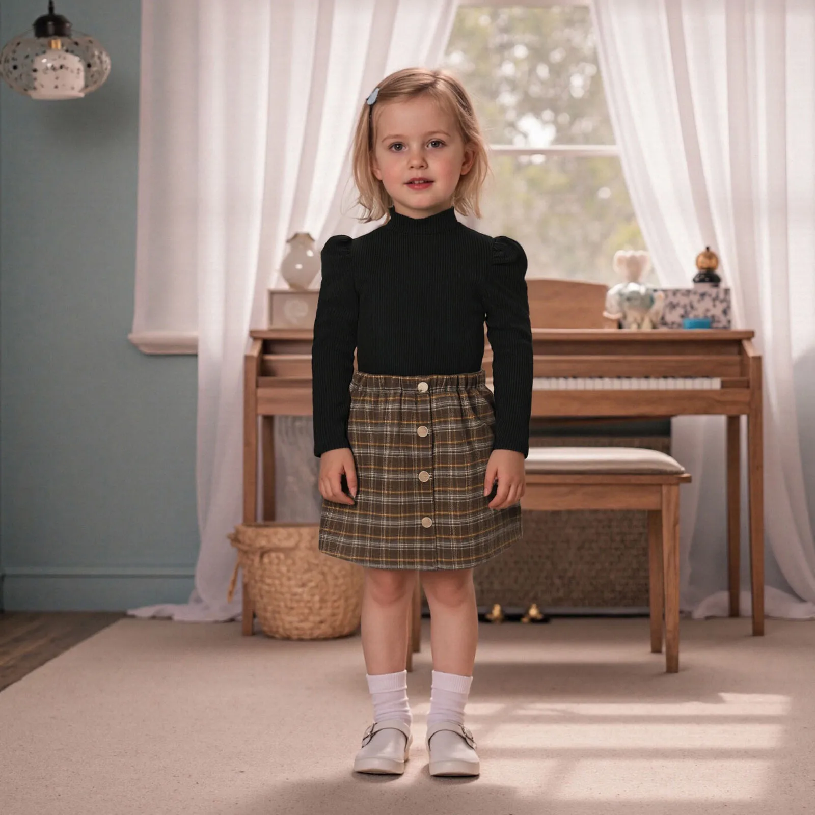 

Toddler Clothes Baby Girl Fall Outfit Solid Ribbed Long Sleeve Mock Neck Tops and Plaid Elastic Waist Skirt Clothing Set