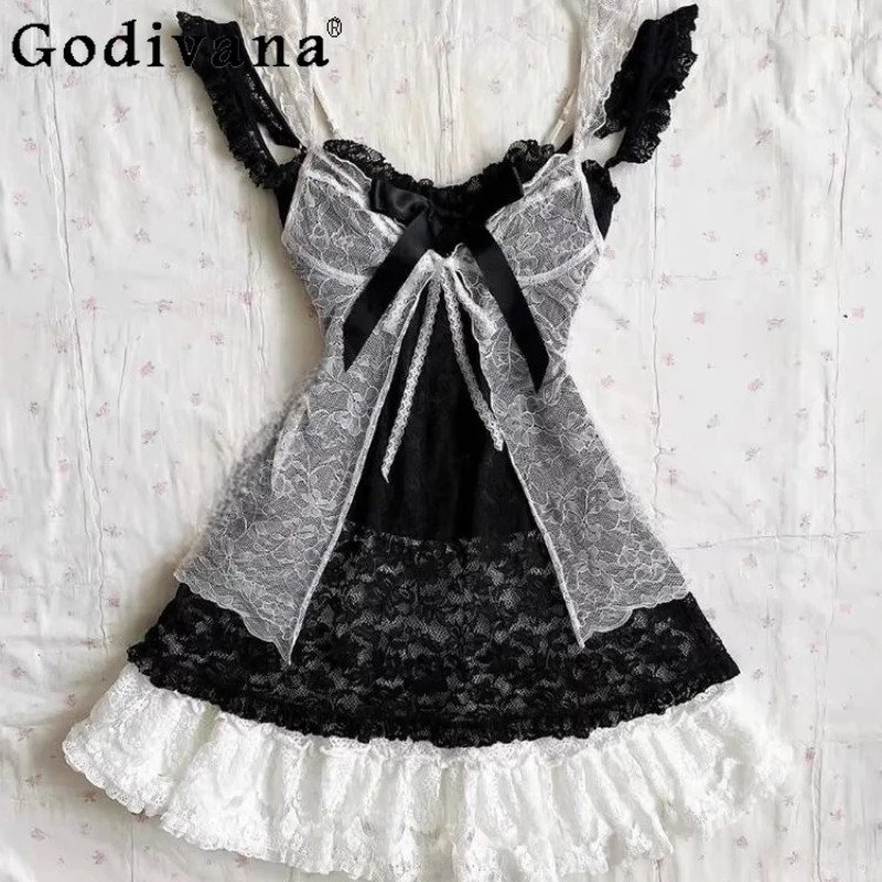

Vintage Japanese Y2K Sweet Dress Women's Bow Lace Patchwork Camisole and Dress Two Piece Set Female Lolita Style Dress