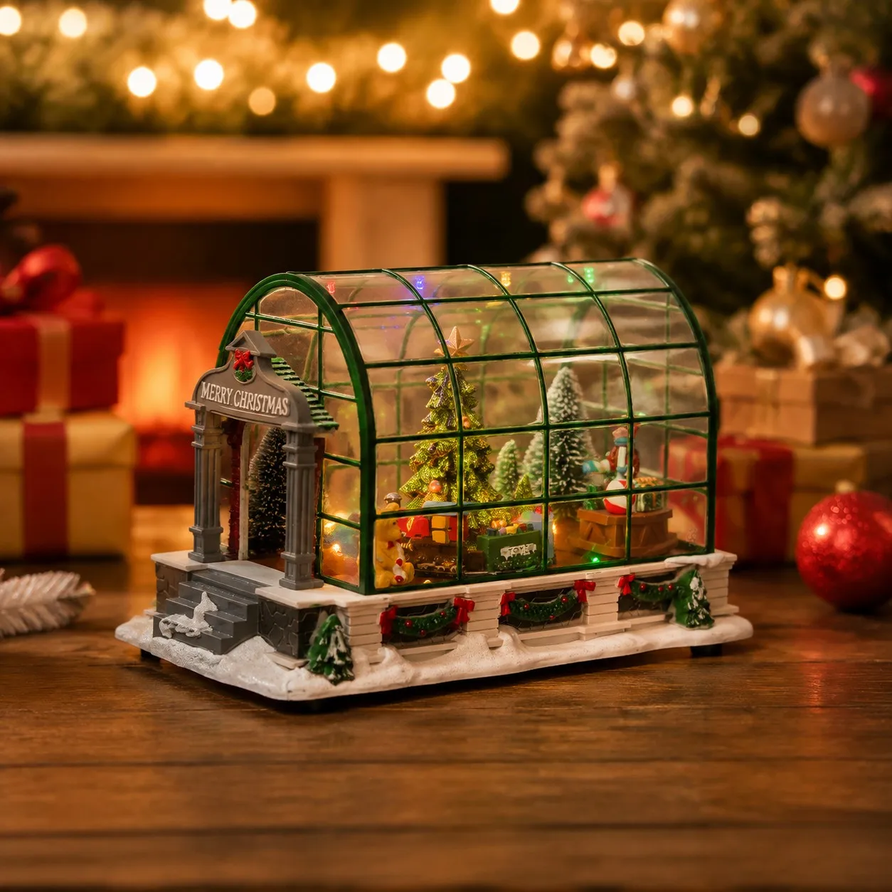 Beleuchtete Weihnachtsdorf-Gewächshausdekorationen, animiertes beleuchtetes Sammlerstück, Gebäude, Weihnachten, Musikbaum, Zuhause, Urlaub, Ornament – Detail 4