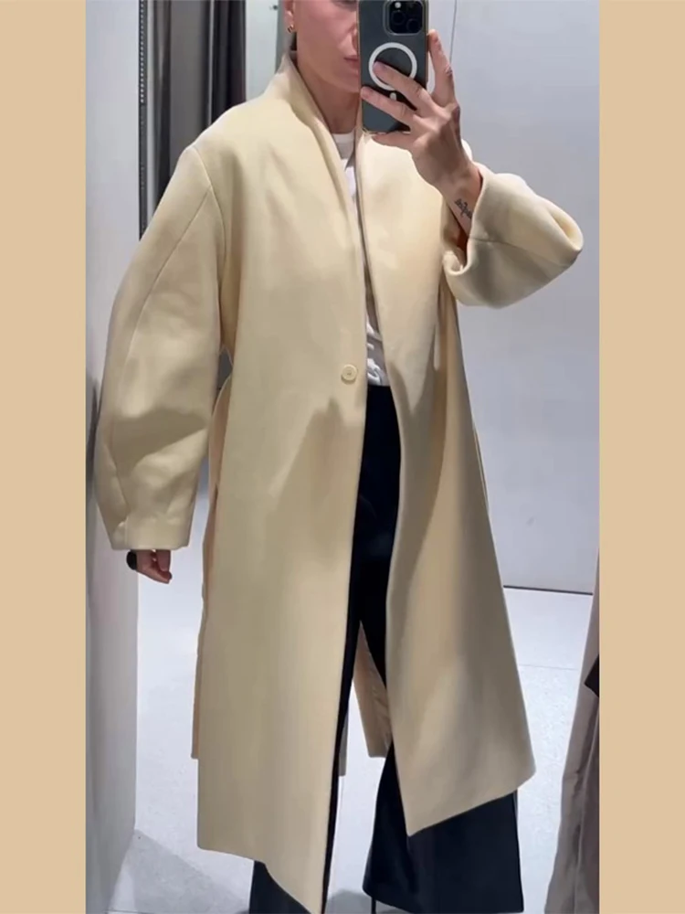 เสื้อโค้ทขนสัตว์แบบยาวสำหรับผู้หญิง ทรงหลวม แขนยาว คอวี ติดกระดุมผูกเชือก สีเบจ แฟชั่นสำหรับผู้หญิง เสื้อคลุมกันหนาว