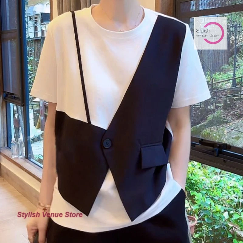 

French black-and-white fake two-piece splicing vest short-sleeved T-shirt female summer new fashion Joker loose asymmetric top