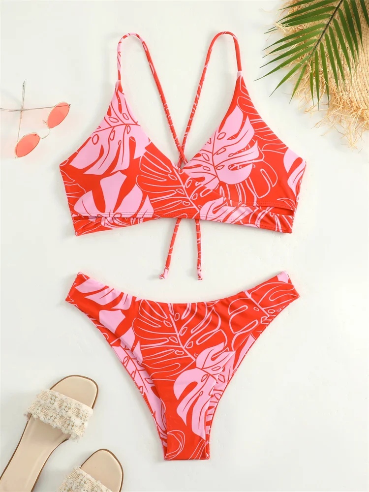 

Bikini Swimsuit Women Lace Up Swimwear 2025 New Print Sling Bikinis Set Sexy Thong Bathing Suit Female Summer Beach Two Piece