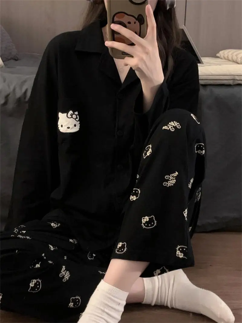 Kawaii Sanrios Hello Kitty Damen Pyjama Set Frühling Herbst Anime Cartoon Studenten Polyester Langarm Mädchen Nachtwäsche Geschenk